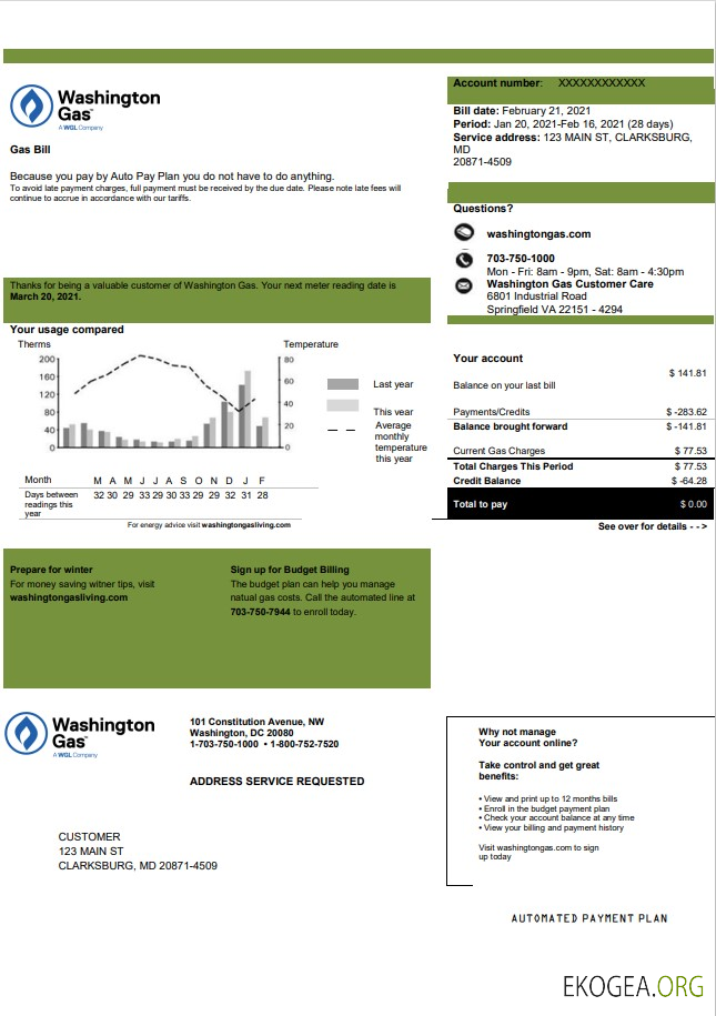 USA Washington Gas (WGL) utility bill template in Word and PDF format